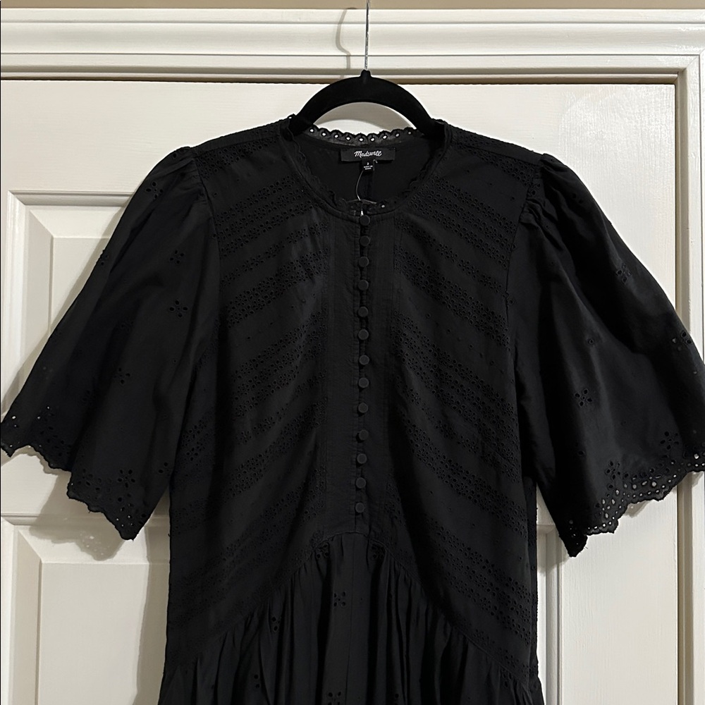 Madewell Eyelet Flutter Sleeve Mini Dress in Jet Black Cotton - Picture 6 of 8